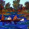 Heading For Rendezvous; 3 trappers in a laden canoe are paddling down the river...2H x 36W Acrylic on Canvas Companion painting: The Long Hunters