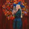 *2 Autumn Fantasy, painting of a witch standing in fire holding a small dog against an autumn wrath. 36 x 24 gallery wrap No 2 in Ethnic Women & Small Dogs Collection