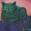 Emerald; green cat on a purple couch against an orange background...Acrylic on Canvas 16 x 20