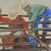 Red Bull: 24"h x 18"w original acrylic painting of two cowboys at a rodeo