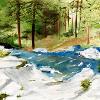 Rush Creek; landscape of a mountain stream flowing across rocks and surrounded by pine trees. 24 x 36 Acrylic painting