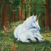 Unicorn's Lap -- Original Acrylic Painting 18h x 24w  Mother Unicorn with her baby lying across her legs