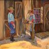 Waiting on The Assay; two 1880s miners are waiting outside the Assayer's office to hear the results of their work. Original Acrylic Painting, 24 x 30