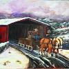 Christmas Eve; a man is driving a team of horses through a covered bridge on Christmas eve. Acrylic  on Wood 48 x 36