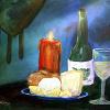 Wine & Cheese: Still Life; white wine and cheese with bread on a blue plate lit by a red candle 24h x 36w